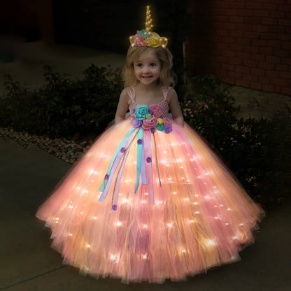 Robe de princesse lumineuse à LED licorne – Parfaite pour les fêtes, Halloween, Noël.
