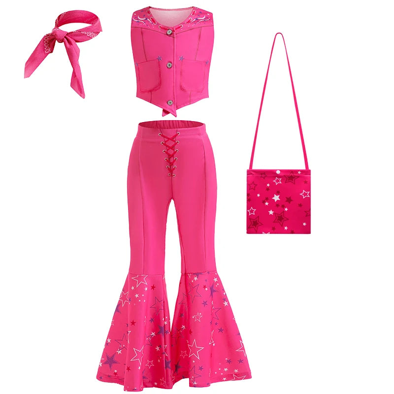 Robe à carreaux rose Barbie et gilet rose étoilé - Parfait pour une fête d'anniversaire