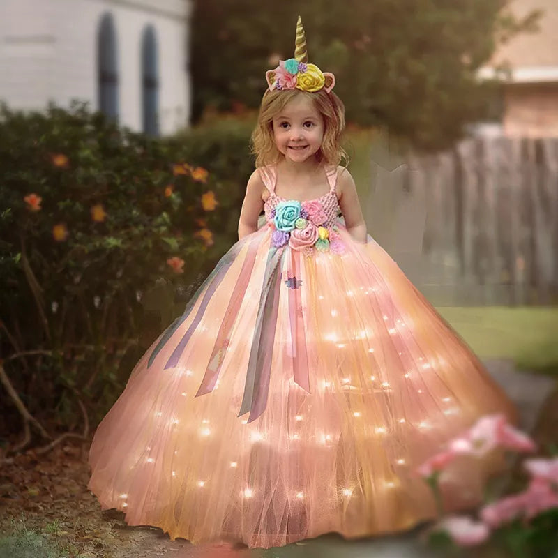 Robe de princesse lumineuse à LED licorne – Parfaite pour les fêtes, Halloween, Noël.